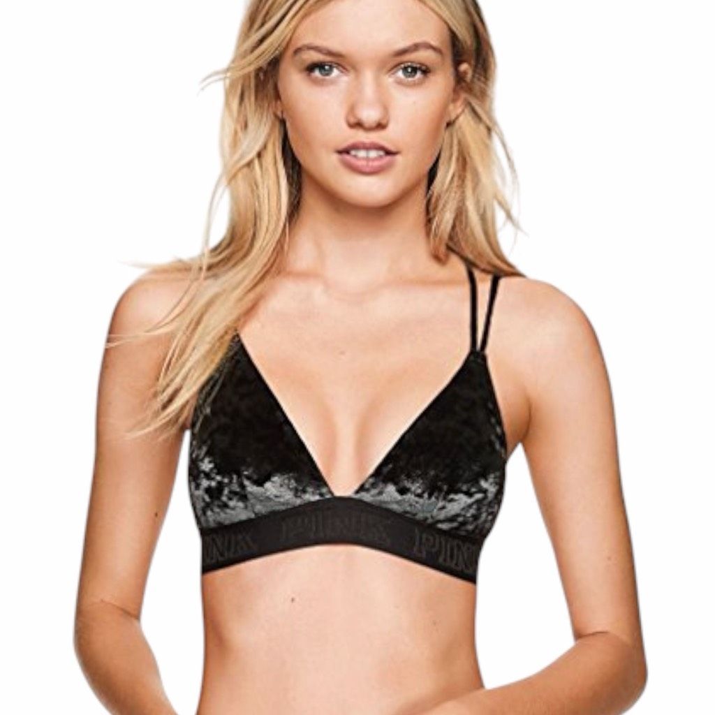 Pink Victoria’s Secret Women’s Black Velvet Triangle Unlined Bralette Medium